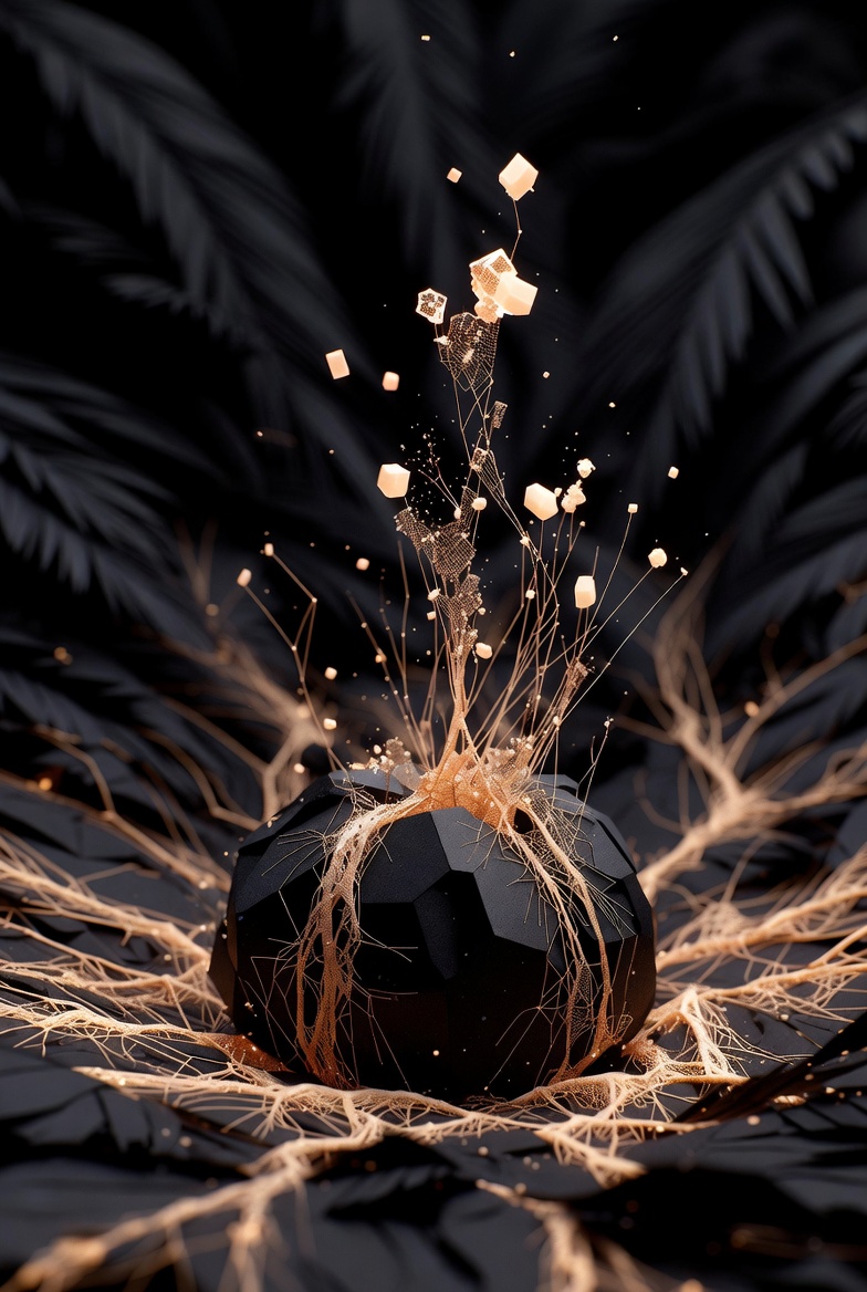 A dark seed-like object sending out lighted branches and small cubes.