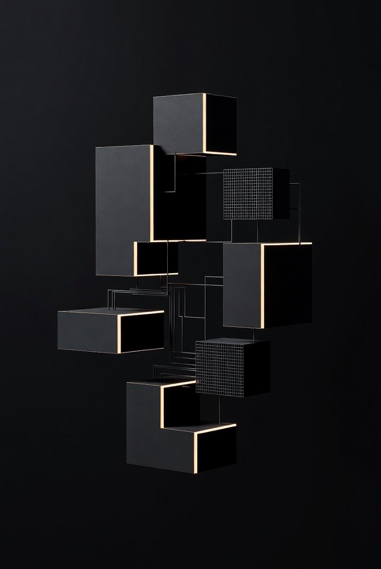 A dark modular control structure connected by warm architectural lines.