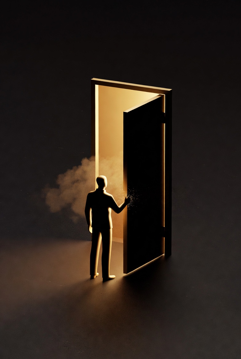 A figure standing at a glowing doorway in a dark room.